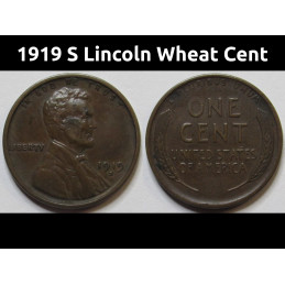 1919 S Lincoln Wheat Cent - antique higher grade American wheat penny