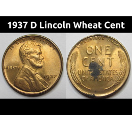1937 D Lincoln Wheat Cent - antique Denver mintmark wheat penny