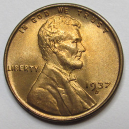 1937 D Lincoln Wheat Cent - antique Denver mintmark wheat penny