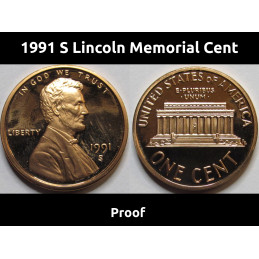 1991 S Lincoln Memorial Cent - Proof - vintage American coin with San Francisco mintmark