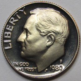 1980 S Roosevelt Dime - Proof - vintage American cameo dime