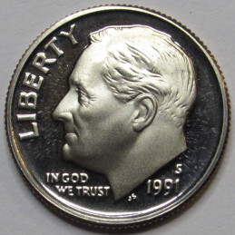 1991 S Roosevelt Dime - Proof - vintage American proof dime with cameo