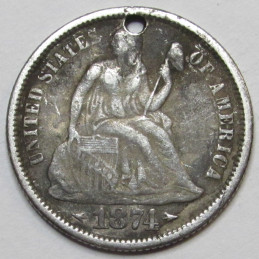 1874 Love Token - engraved Seated Liberty Dime - "DJL" initials