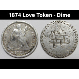 1874 Love Token - engraved Seated Liberty Dime - "Three Legged Race - WS" initials