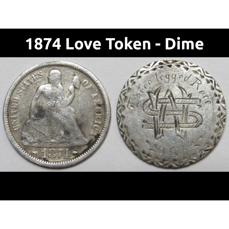 1874 Love Token - engraved Seated Liberty Dime - "Three Legged Race - WS" initials