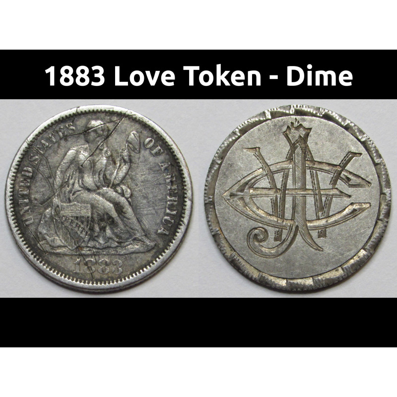 1883 Love Token - engraved Seated Liberty Dime - initials "CJW"