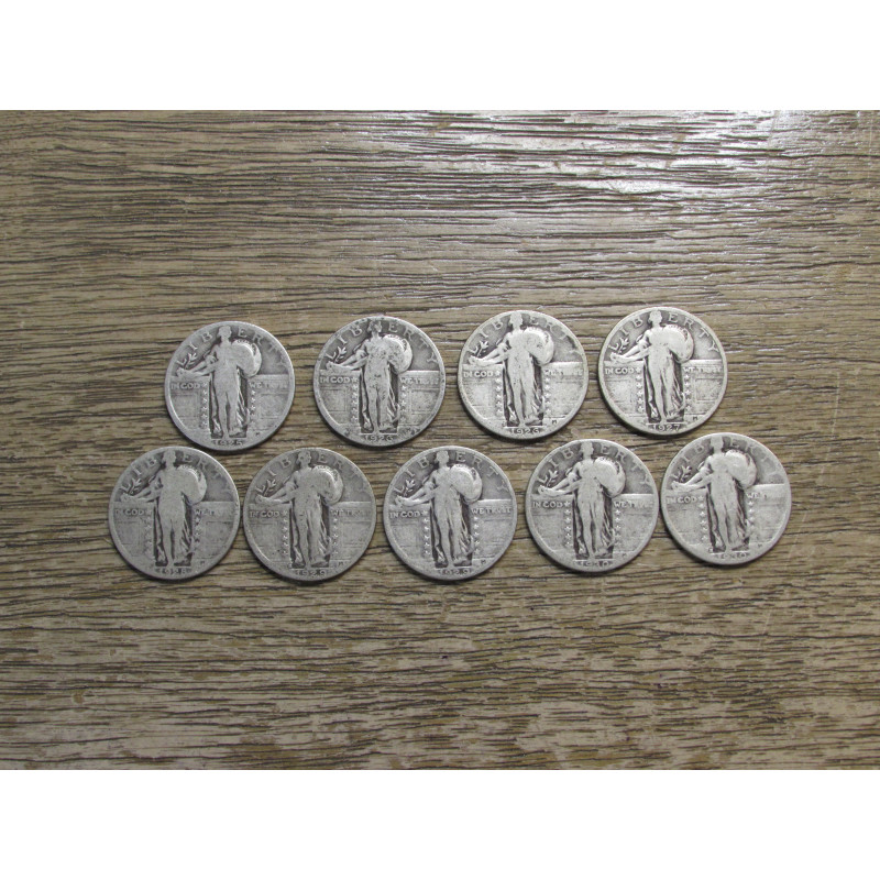 Lot of 9 different Standing Liberty Quarters - 1925 - 1930 - silver coins set