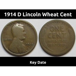 1914 D Lincoln Wheat Cent - antique key date American wheat penny