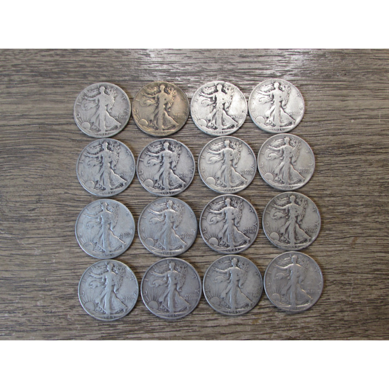 Lot of 16 Walking Liberty Half Dollars - 1917-1945 - all different dates and mintmarks