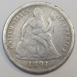 1891 Seated Liberty Dime - antique final year of issue American silver dime