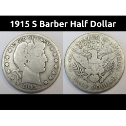 1915 S Barber Half Dollar - final year of issue antique American silver half