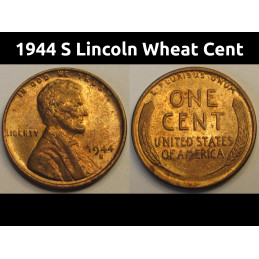 1944 S Lincoln Wheat Cent - vintage San Francisco mintmark WW2 era coin