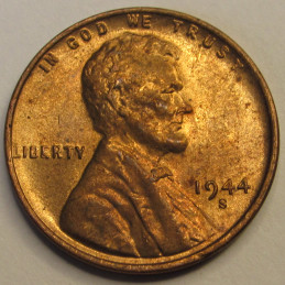 1944 S Lincoln Wheat Cent - vintage San Francisco mintmark WW2 era coin