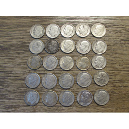 Lot of 25 vintage Roosevelt silver Dimes - 1946-1964 - all different dates and mintmarks