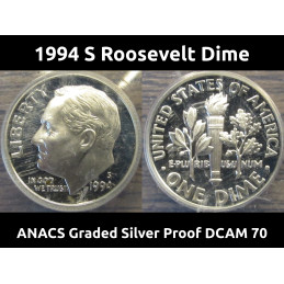 1994 S Roosevelt Dime - Silver Proof - ACACS graded DCAM 70 - vintage American dime