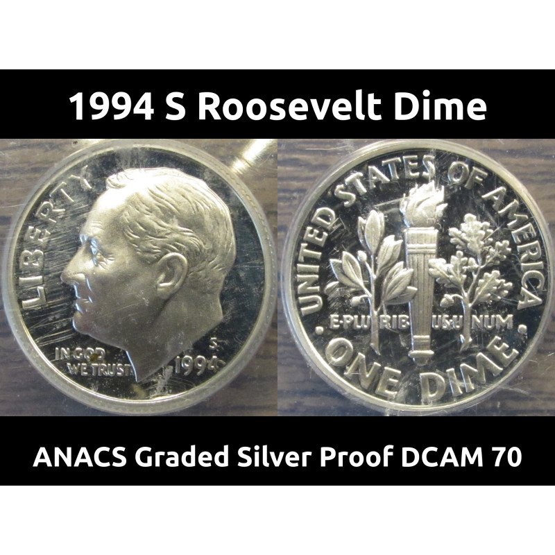 1994 S Roosevelt Dime - Silver Proof - ACACS graded DCAM 70 - vintage American dime