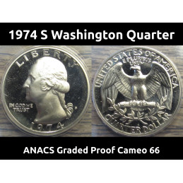 1974 S Washington Quarter - ANACS graded PR 66 Cameo - vintage American coin