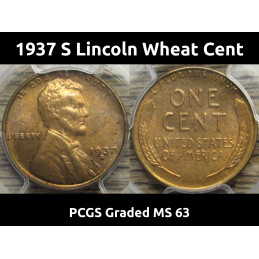 1937 S Lincoln Wheat Cent - PCGS Graded MS 63 RB - vintage Great Depression era coin