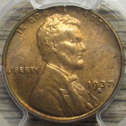 1937 S Lincoln Wheat Cent - PCGS Graded MS 63 RB - vintage Great Depression era coin