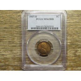 1937 S Lincoln Wheat Cent - PCGS Graded MS 63 RB - vintage Great Depression era coin