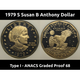 1979 S Susan B Anthony Dollar - Type 1 - ANACS graded Proof 68 - first year of issue vintage dollar