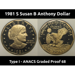 1981 S Susan B Anthony Dollar - Type 1 - ANACS Graded Proof 68 - vintage coin