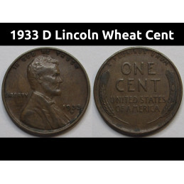 1933 D Lincoln Wheat Cent - Great Depression era Denver mintmark American wheat penny