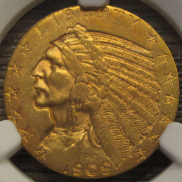 1909 D Indian 5 Dollar - NGC Graded MS 62 - beautiful uncirculated antique gold coin