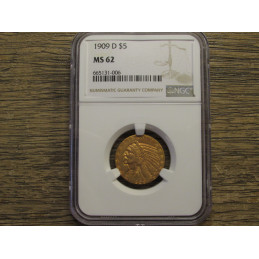 1909 D Indian 5 Dollar - NGC Graded MS 62 - beautiful uncirculated antique gold coin