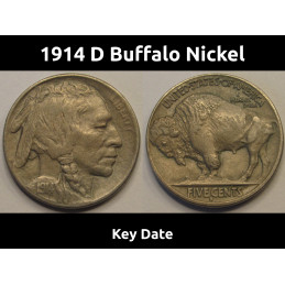 1914 D Buffalo Nickel - higher grade antique Denver mintmark Indian head nickel