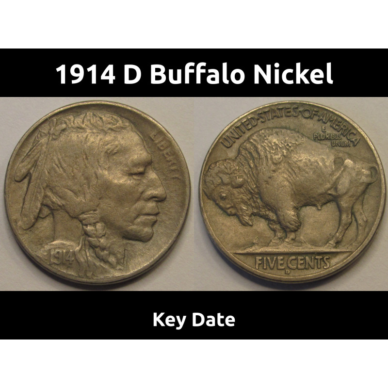 1914 D Buffalo Nickel - higher grade antique Denver mintmark Indian head nickel