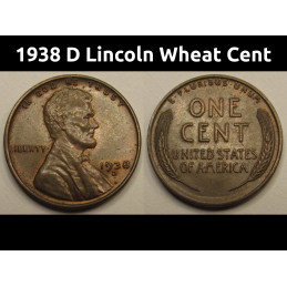 1938 D Lincoln Wheat Cent - antique Denver mintmark American wheat penny