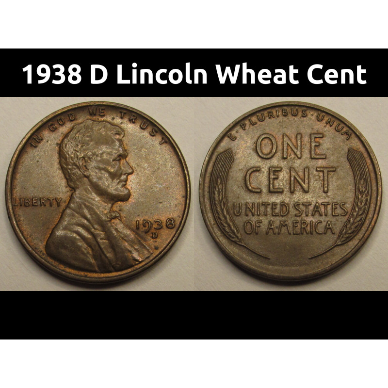 1938 D Lincoln Wheat Cent - antique Denver mintmark American wheat penny