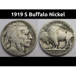 1919 S Buffalo Nickel - antique San Francisco mintmark American Indian coin