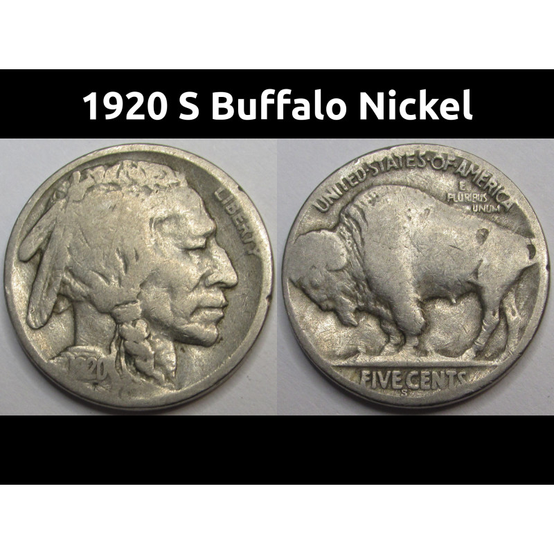 1920 S Buffalo Nickel - antique San Francisco mintmark American five cent coin