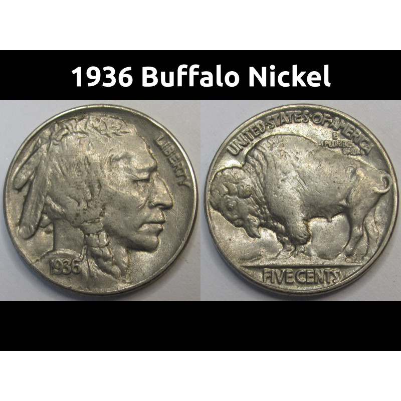 1936 Buffalo Nickel - antique beautiful condition five cent coin