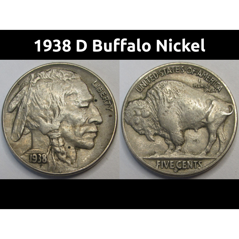 1938 D Buffalo Nickel - final year of issue antique American five cent coin