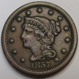 1857 Braided Hair Large Cent - Large Date - final year of issue copper large cent