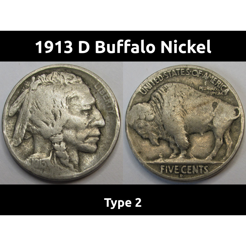 1913 D Buffalo Nickel - Type 2 - antique key date American bison niekl