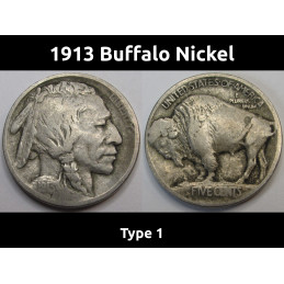 1913 Buffalo Nickel - Type 1 - antique raised mound design antique bison nickel