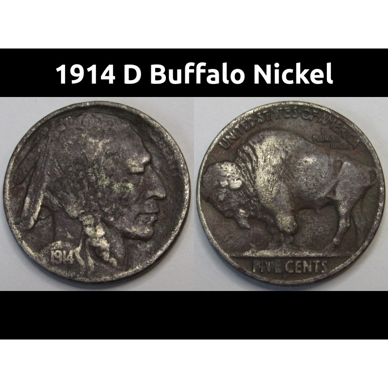 1914 D Buffalo Nickel - antique key date American Indian design coin