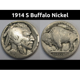 1914 S Buffalo Nickel - antique better date American five cent coin