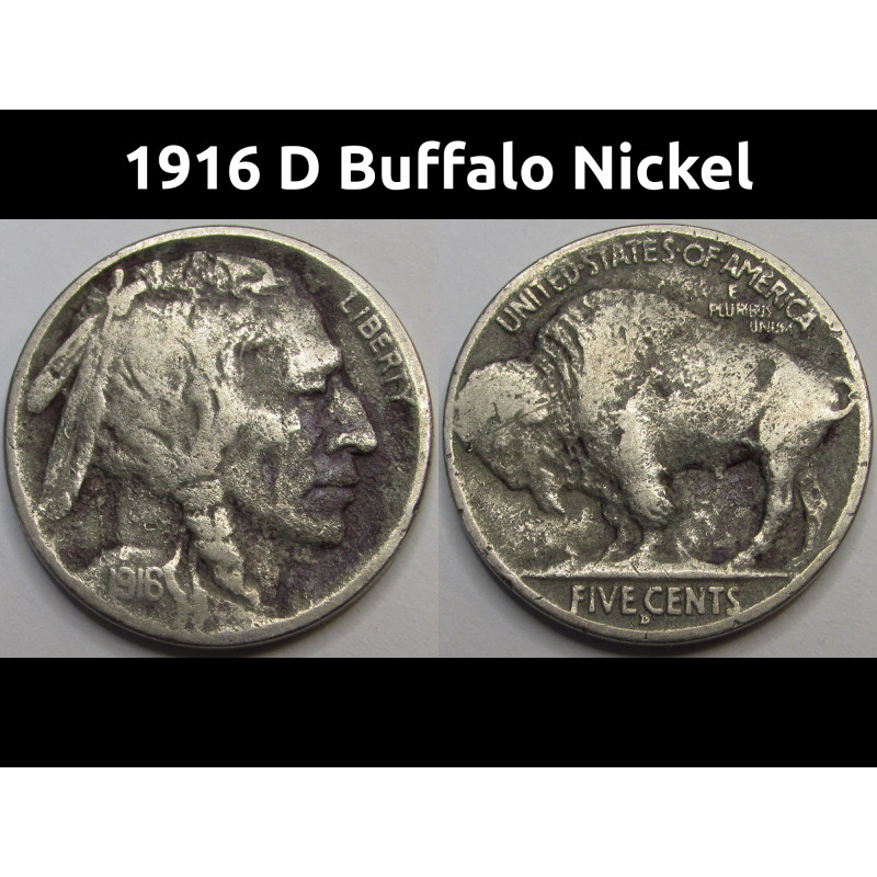 1916 D Buffalo Nickel - antique Denver mintmark American bison nickel