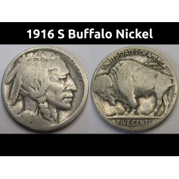 1916 S Buffalo Nickel - antique San Francisco mintmark American Indian design