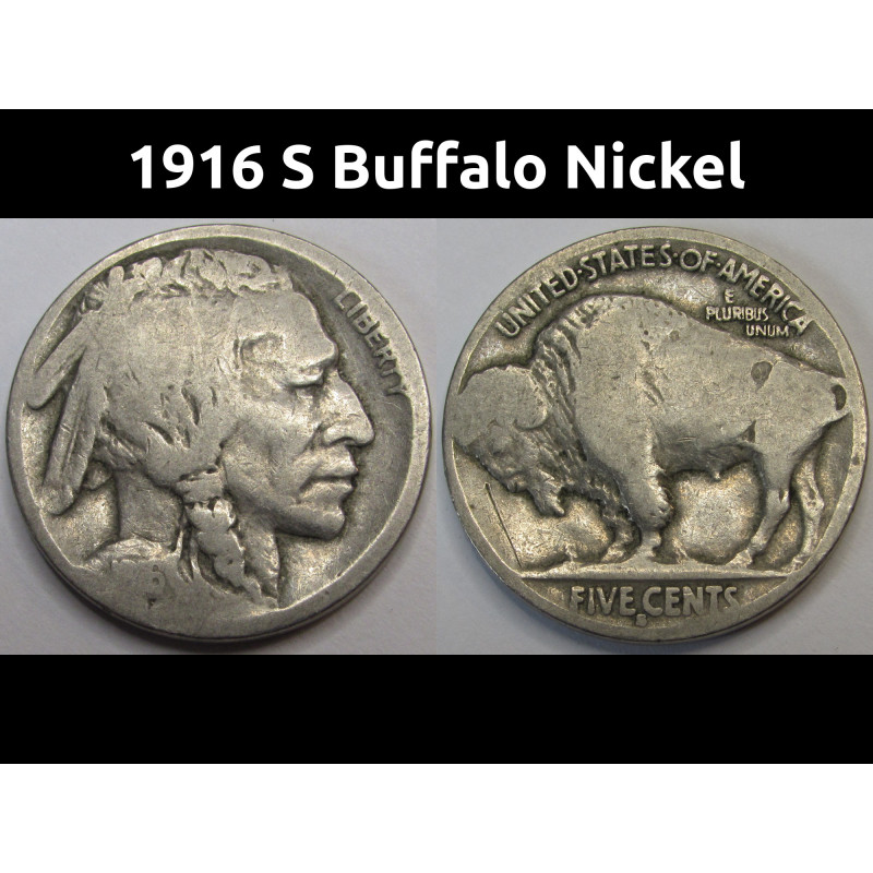 1916 S Buffalo Nickel - antique San Francisco mintmark American Indian design