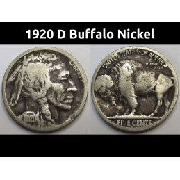 1920 D Buffalo Nickel - antique Denver mintmark American Indian coin