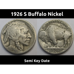 1926 S Buffalo Nickel - semi-key date American Indian coin with San Francisco mintmark