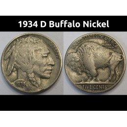 1934 D Buffalo Nickel - well detailed American Indian coin with Denver mintmark