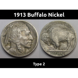 1913 Buffalo Nickel - Type 2 - higher grade recessed design five cent coin