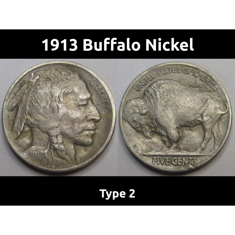 1913 Buffalo Nickel - Type 2 - higher grade recessed design five cent coin